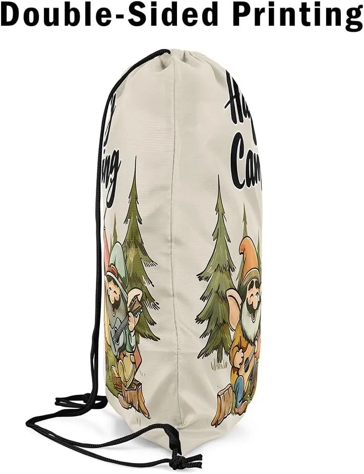 Erosebridal Happy Camping Drawstring Backpack 13 x 15.7 inch,Rustic Camper Drawstring Bag for Travel Trailers,Cartoon Gnomes Draw String Back Bag,Farmhouse Campfires Pines Tree String Backpack