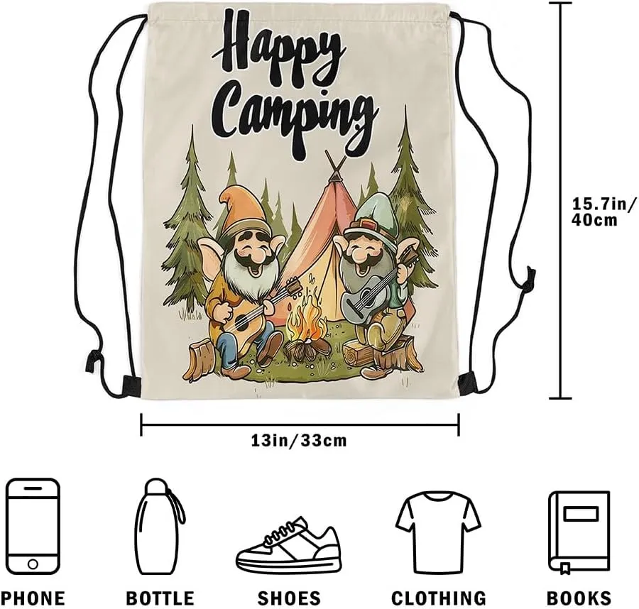 Erosebridal Happy Camping Drawstring Backpack 13 x 15.7 inch,Rustic Camper Drawstring Bag for Travel Trailers,Cartoon Gnomes Draw String Back Bag,Farmhouse Campfires Pines Tree String Backpack