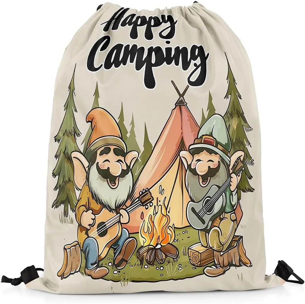 Erosebridal Happy Camping Drawstring Backpack 13 x 15.7 inch,Rustic Camper Drawstring Bag for Travel Trailers,Cartoon Gnomes Draw String Back Bag,Farmhouse Campfires Pines Tree String Backpack