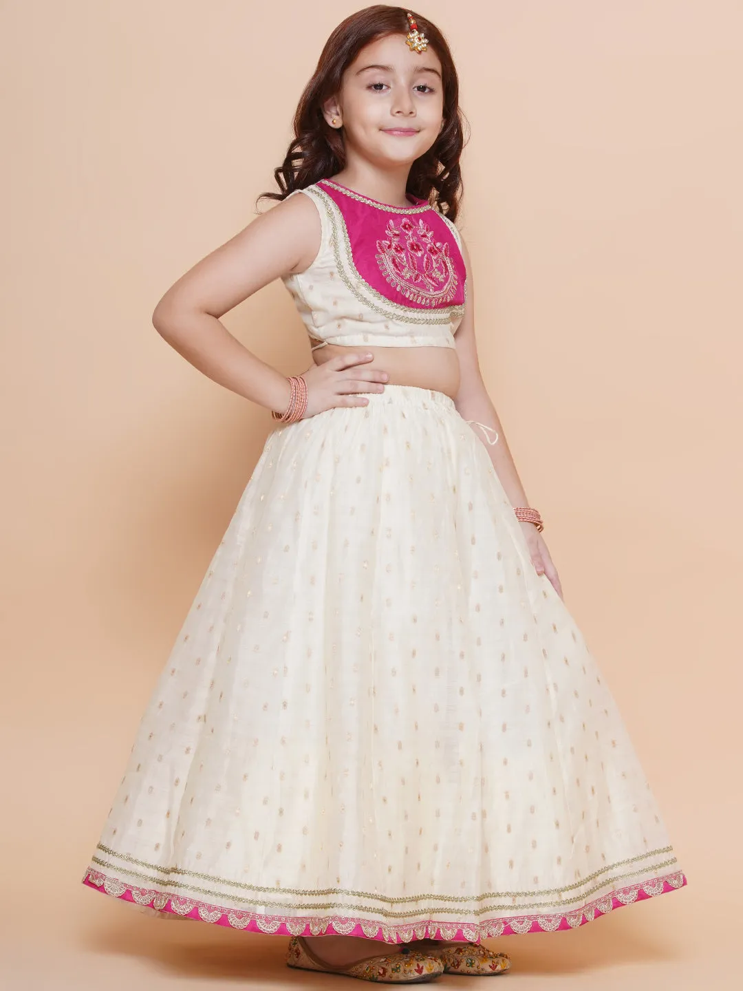 Girls Off white Jacquard booti lehenga & Pink Embroidered Choli Lehenga With Dupatta