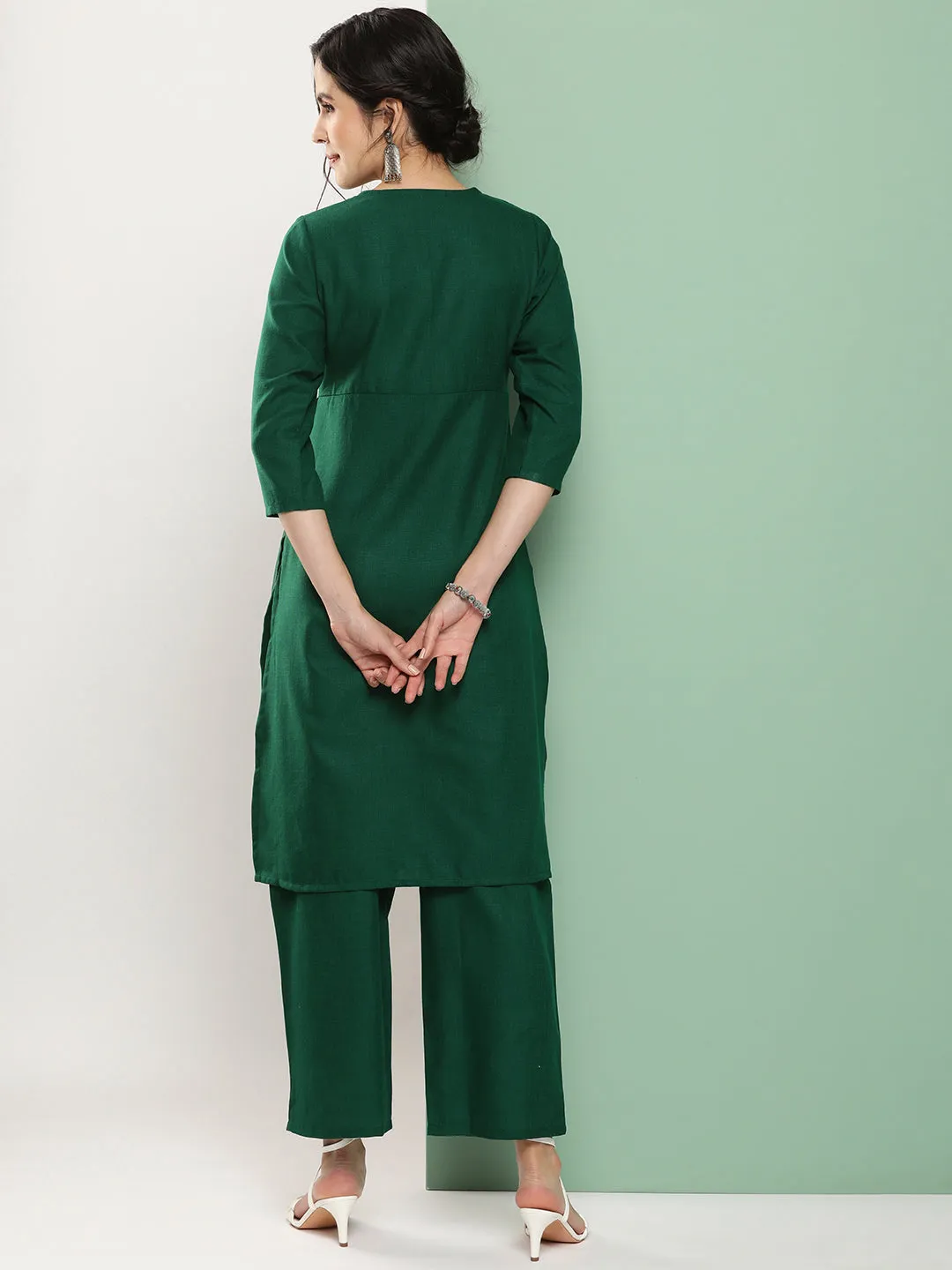 Green Embroidered Kurta With Green Solid Palazzo.