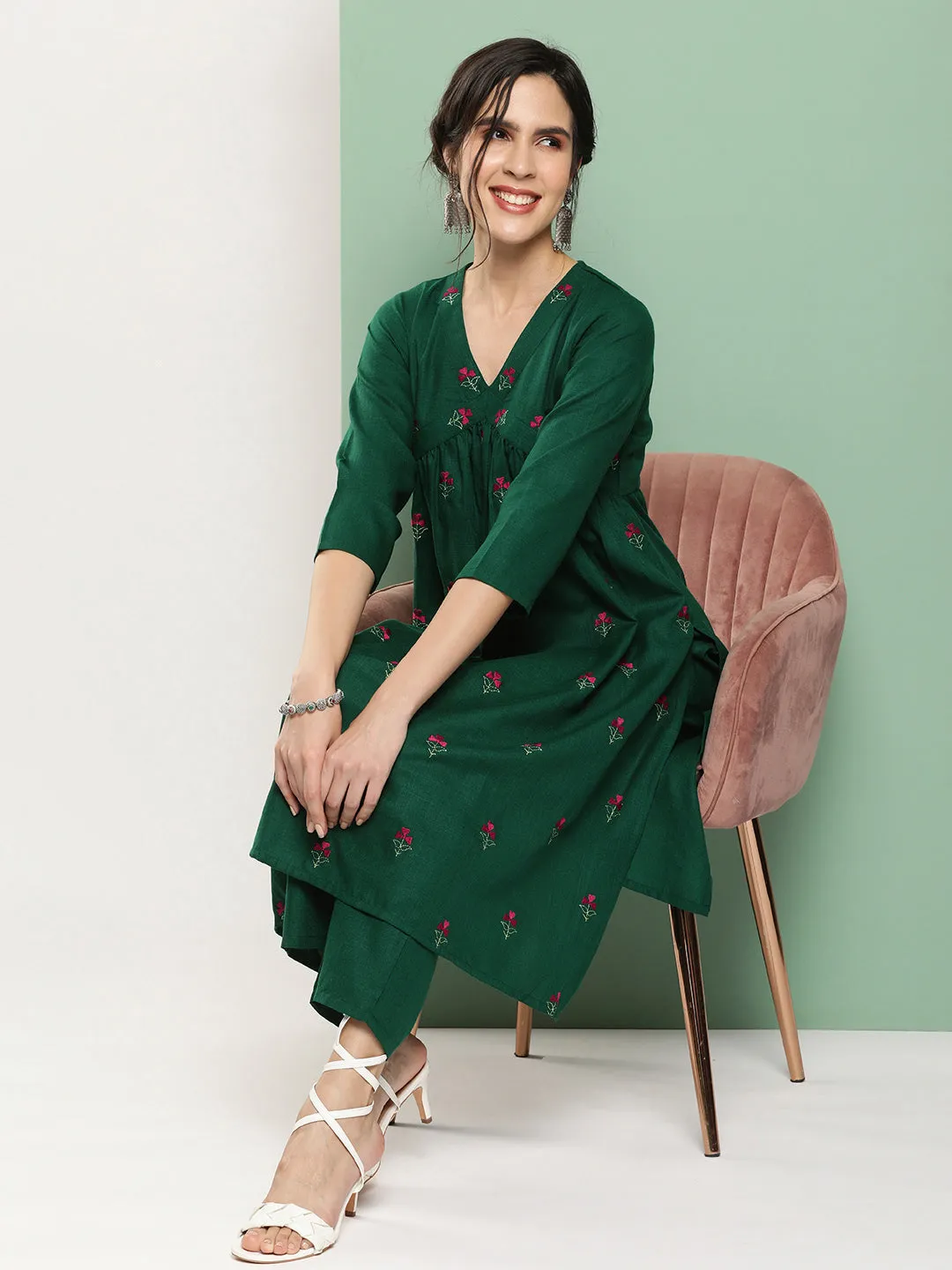 Green Embroidered Kurta With Green Solid Palazzo.