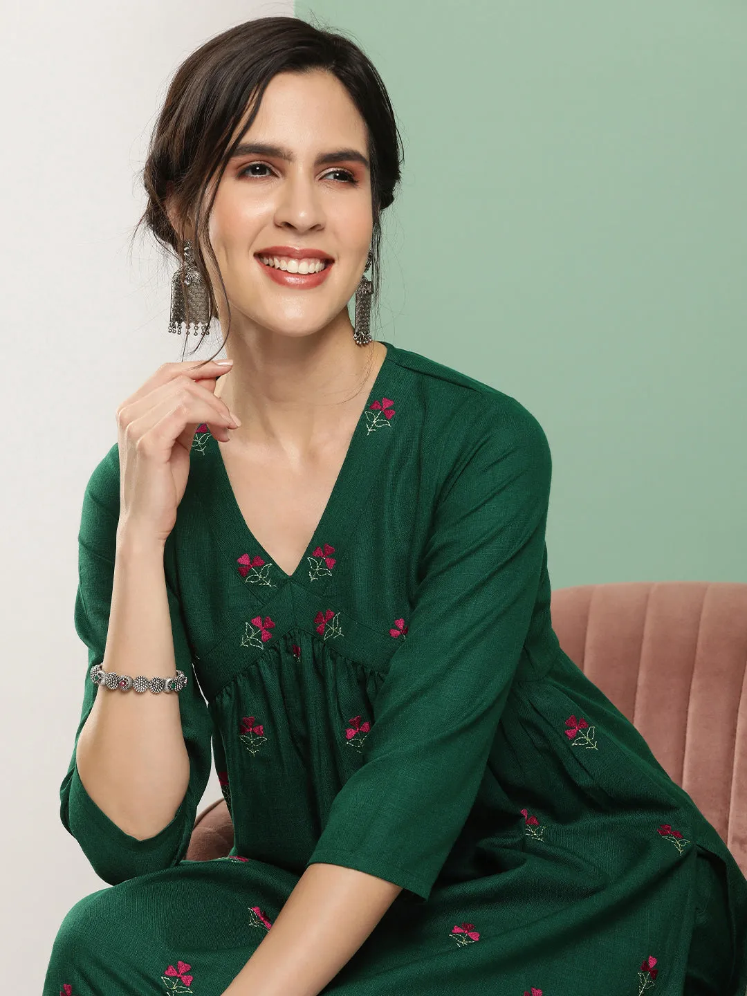 Green Embroidered Kurta With Green Solid Palazzo.