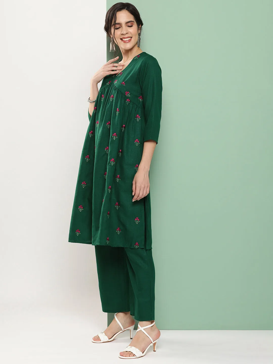 Green Embroidered Kurta With Green Solid Palazzo.