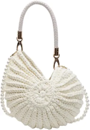 Handwoven Seashell Bag, Crochet Shell Purse Handbag, Conch Beach Shoulder Bags, Unique Boho Crossbody Bags with Pearl Strap (Beige)