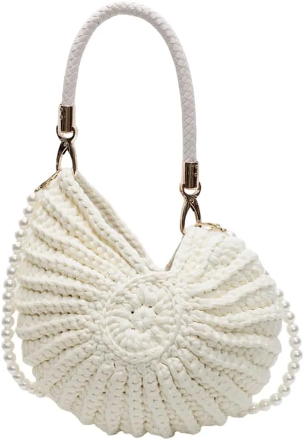 Handwoven Seashell Bag, Crochet Shell Purse Handbag, Conch Beach Shoulder Bags, Unique Boho Crossbody Bags with Pearl Strap (Beige)