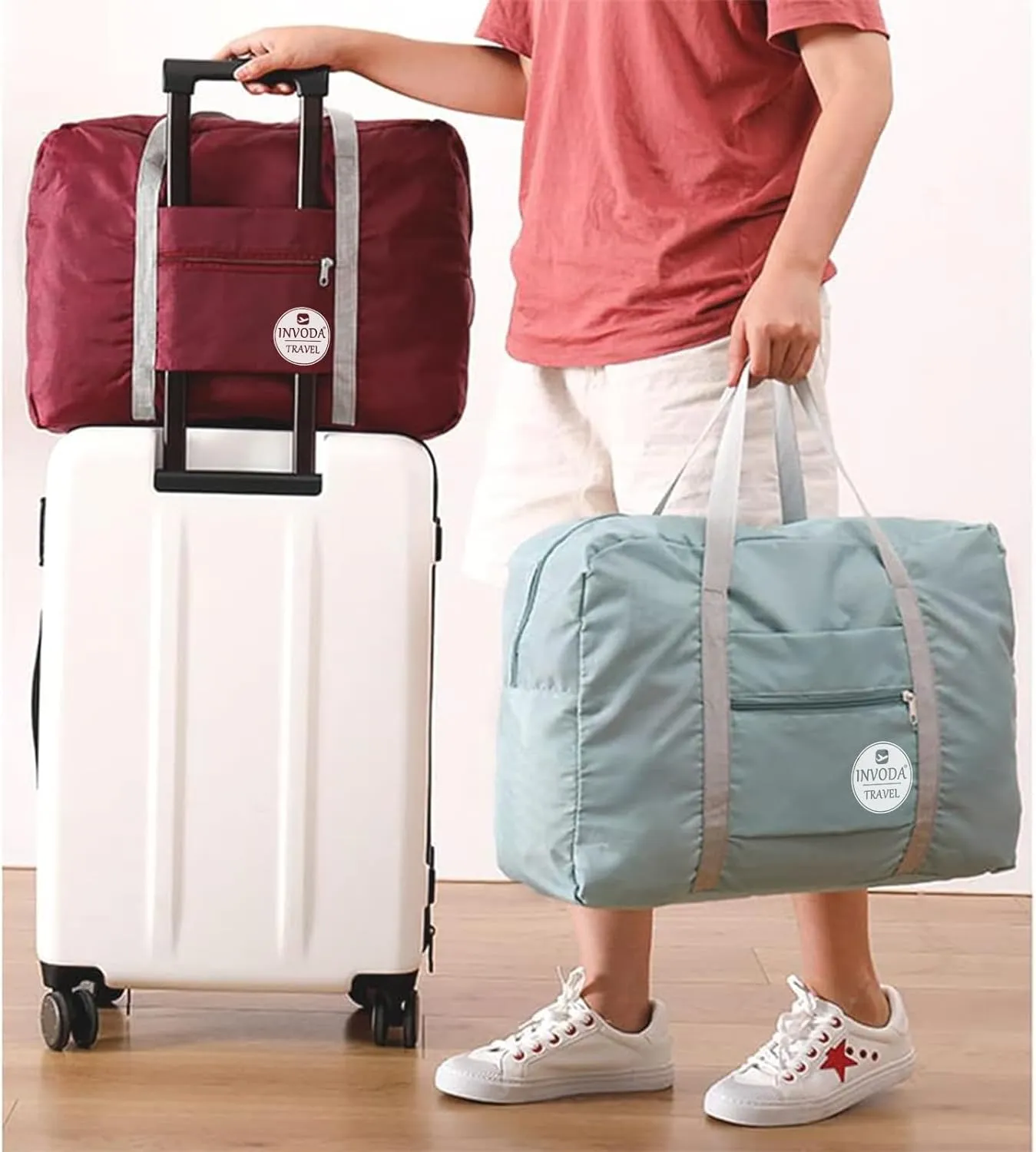 INVODA Travel Duffel Bag for Women Men Foldable Luggage Bags Sports Gym Bag Spirit Airlines Personal Item Carry on Weekender Overnight Bag (Red Pink)