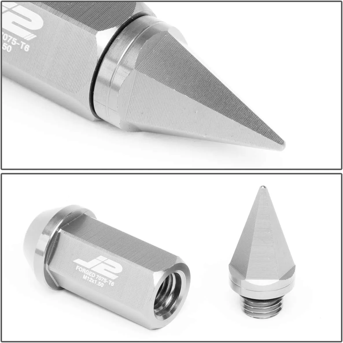 J2 Engineering LN-T7-020-15-SL Silver 7075 Aluminum M12 x 1.5 20Pcs L: 75mm Spiky Cap Lug Nut w/Adapter