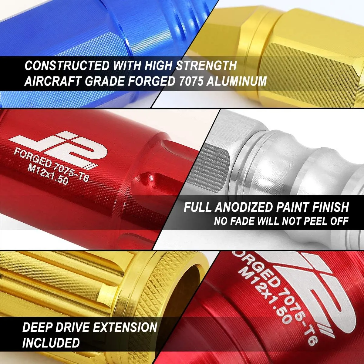 J2 Engineering LN-T7-020-15-SL Silver 7075 Aluminum M12 x 1.5 20Pcs L: 75mm Spiky Cap Lug Nut w/Adapter
