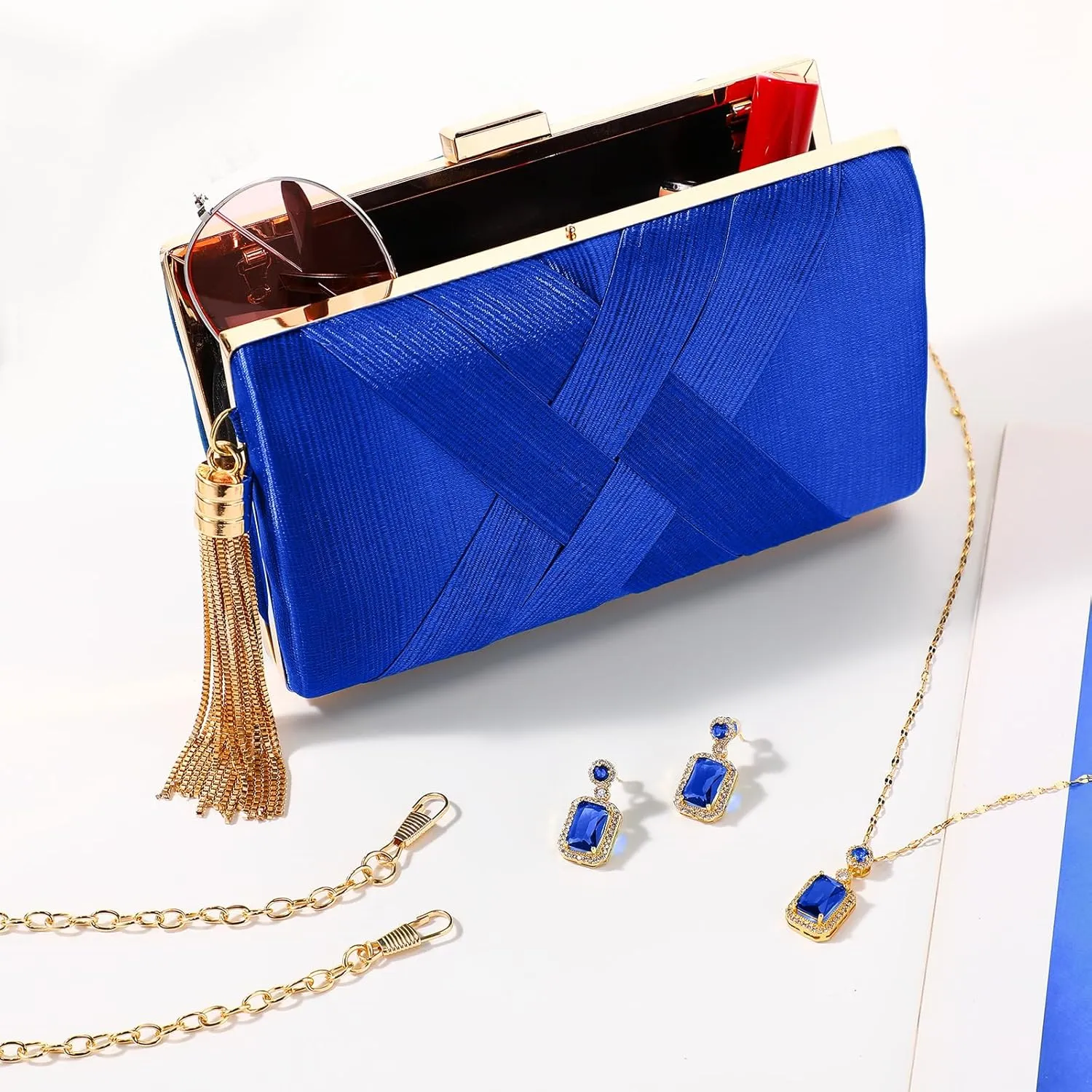 Jadive 3 Pcs Clutch Purses for Women Handbag Evening Purses Bag for Wedding Vintage Banquet Handbag Earrings Necklace Set