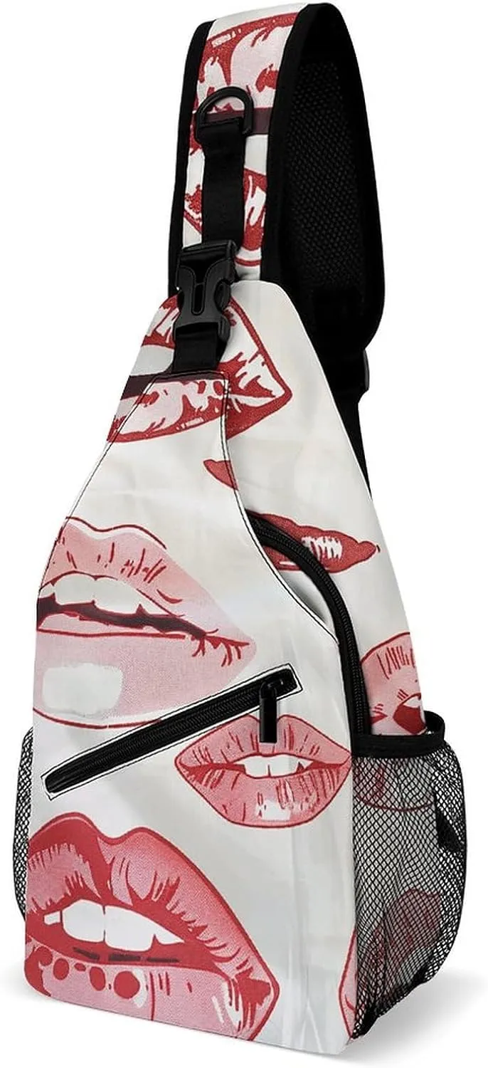 Lightweight Chest Bag Crossbody Bag Red Lips Pattern Sling Backpack for Women Men Sports Travel