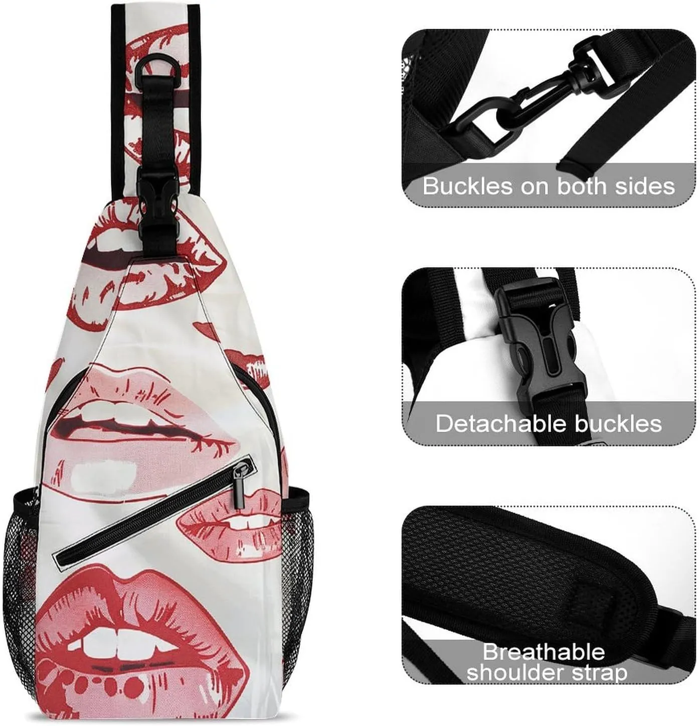 Lightweight Chest Bag Crossbody Bag Red Lips Pattern Sling Backpack for Women Men Sports Travel