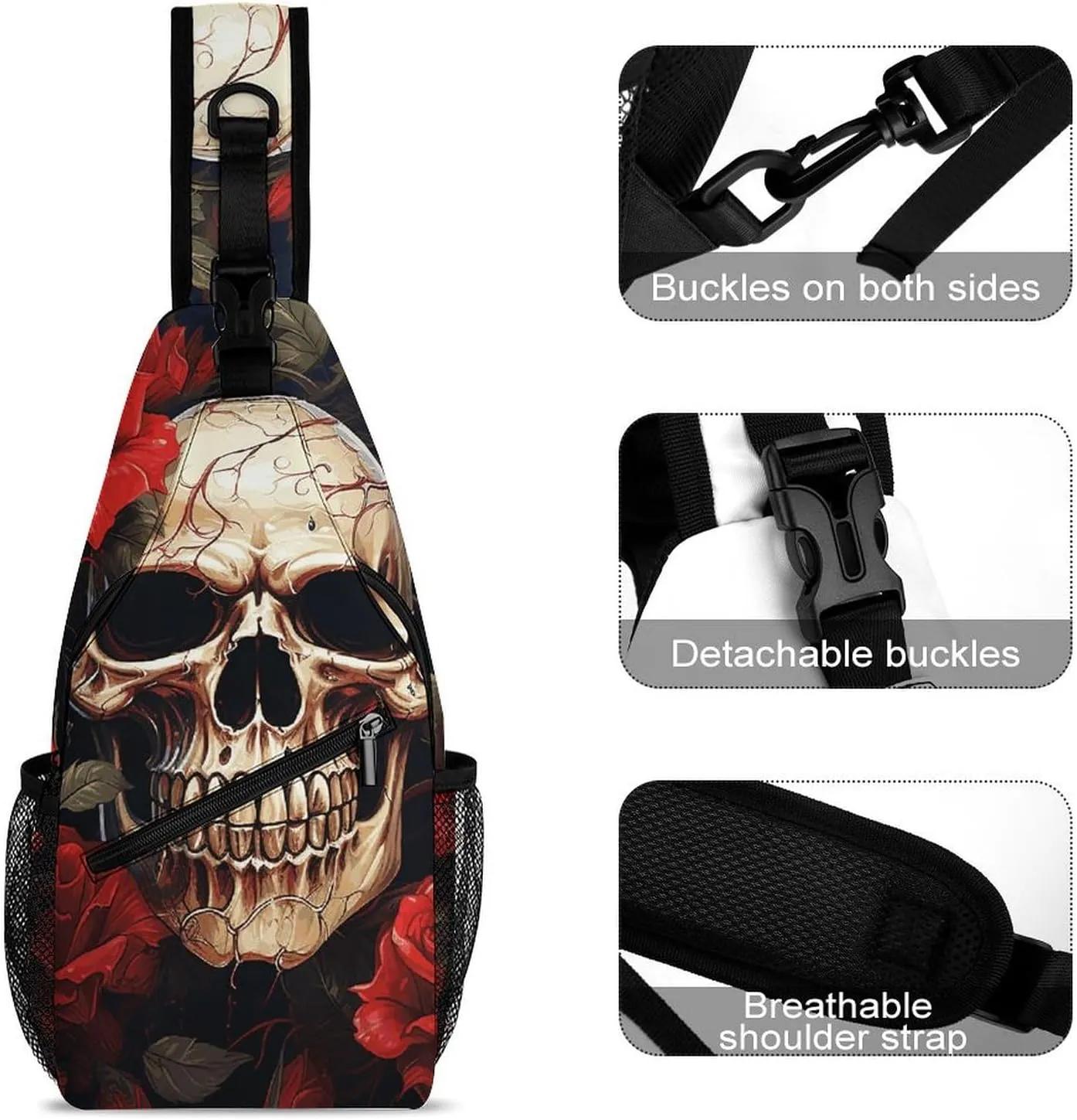 Lightweight Chest Bag Crossbody Bag Skull Rose-Red Sling Backpack for Women Men Sports Travel