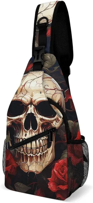 Lightweight Chest Bag Crossbody Bag Skull Rose-Red Sling Backpack for Women Men Sports Travel