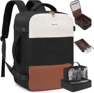 LOVEVOOK Travel Backpack for Women,40L Carry On Backpack Flight Approved with 3 Packing Cubes,TSA Personal Item Travel Bag Fits 17.3 Laptop,Weekender Hiking Business Luggage Daypack Beige Black Brown