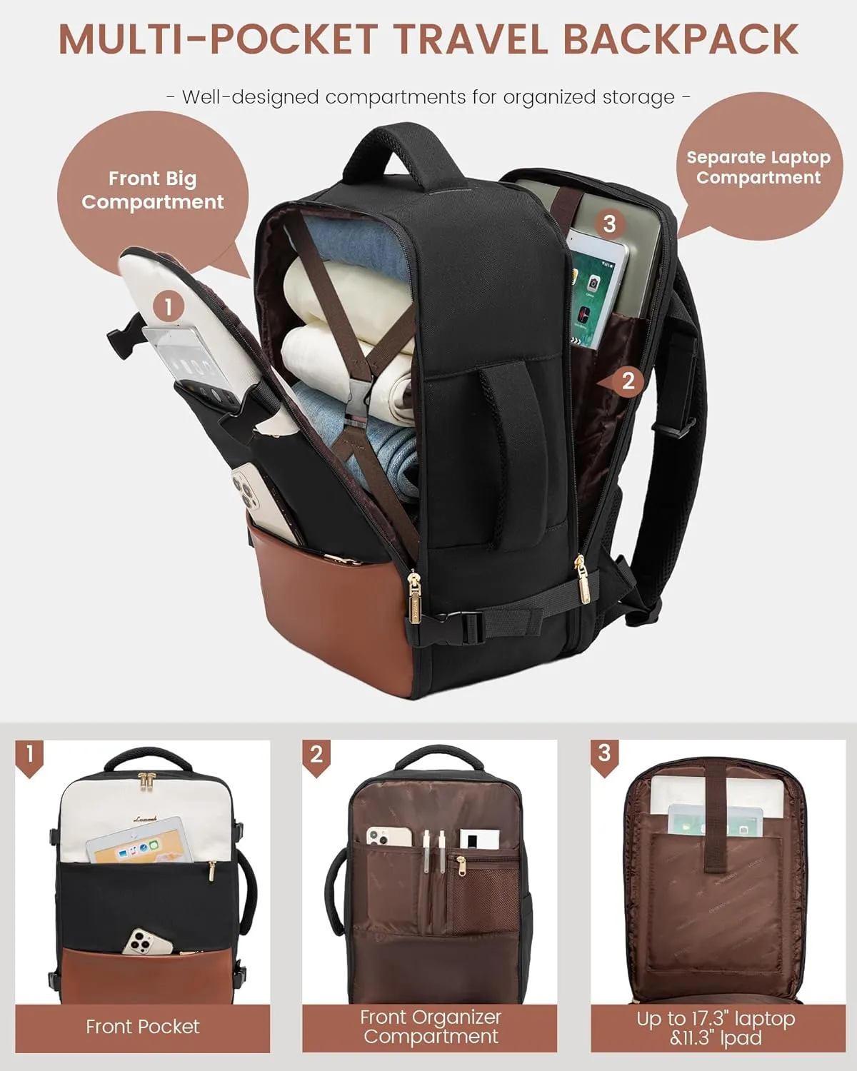 LOVEVOOK Travel Backpack for Women,40L Carry On Backpack Flight Approved with 3 Packing Cubes,TSA Personal Item Travel Bag Fits 17.3 Laptop,Weekender Hiking Business Luggage Daypack Beige Black Brown