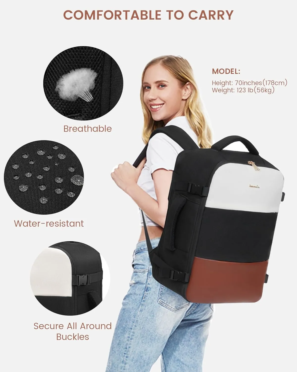 LOVEVOOK Travel Backpack for Women,40L Carry On Backpack Flight Approved with 3 Packing Cubes,TSA Personal Item Travel Bag Fits 17.3 Laptop,Weekender Hiking Business Luggage Daypack Beige Black Brown