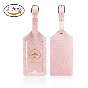 Luggage Tags, Acdream Leather Case Luggage Bag Tags Travel Tags 2 Pieces Set, (Rose Gold)