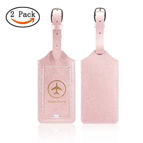 Luggage Tags, Acdream Leather Case Luggage Bag Tags Travel Tags 2 Pieces Set, (Rose Gold)