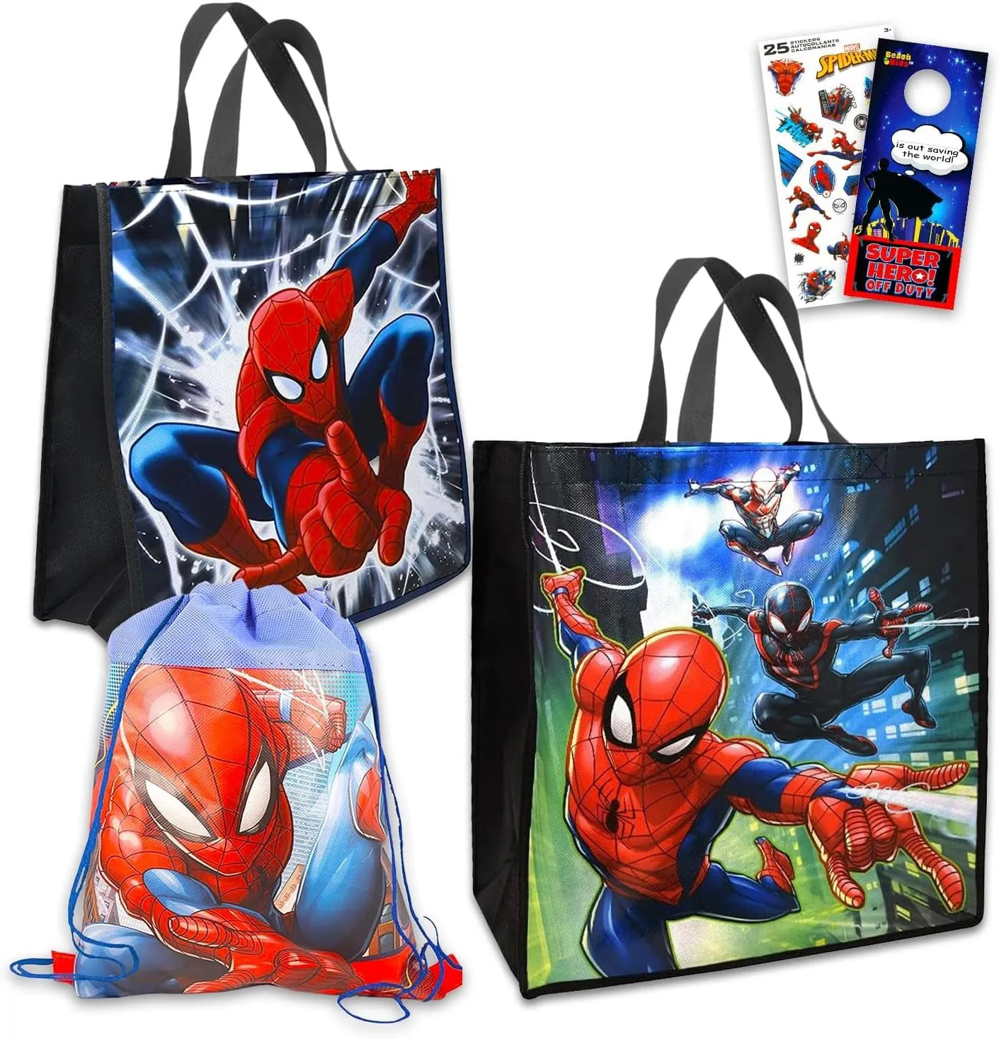 Marvel Spider-man Tote Bag Bundle - Spiderman Tote Bag Set With Kids Spiderman Drawstring Bag And Stickers (Spiderman Reusable Tote Bag)