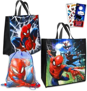 Marvel Spider-man Tote Bag Bundle - Spiderman Tote Bag Set With Kids Spiderman Drawstring Bag And Stickers (Spiderman Reusable Tote Bag)