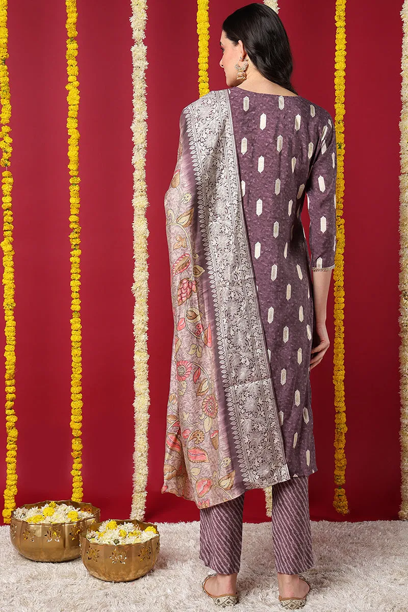 Mauve Silk Blend Ethnic Motifs Embroidered Straight Suit Set