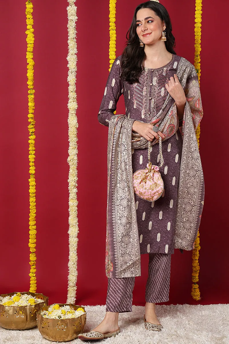 Mauve Silk Blend Ethnic Motifs Embroidered Straight Suit Set