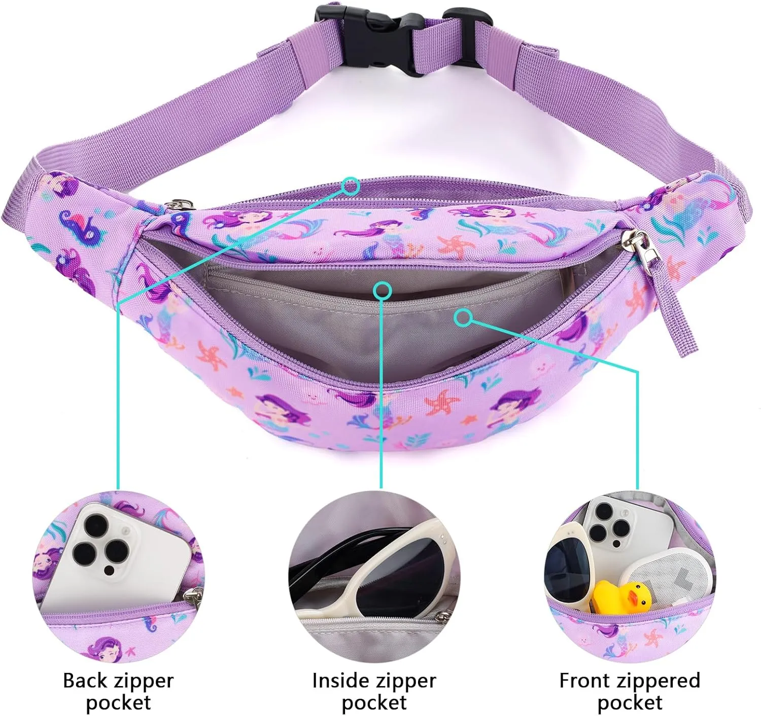 Mermaid Kids Fanny Pack for Girls, Travel Small Waist Bag Crossbody Belt Bag for Little Girls Toddler Cute Fanny Bag, Purple