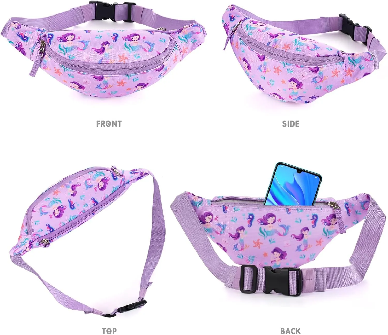 Mermaid Kids Fanny Pack for Girls, Travel Small Waist Bag Crossbody Belt Bag for Little Girls Toddler Cute Fanny Bag, Purple