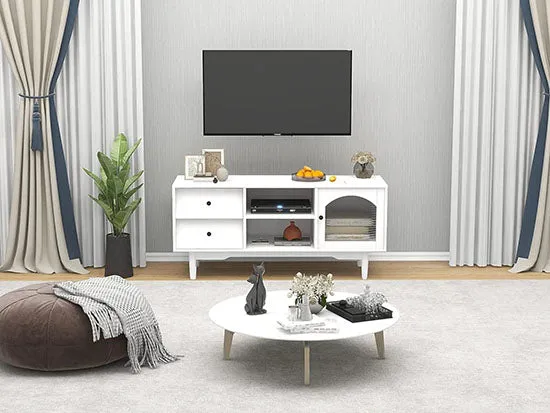 Modern Elegant White TV Stand Tables With Storage Compartments and Glass Door Cabinet