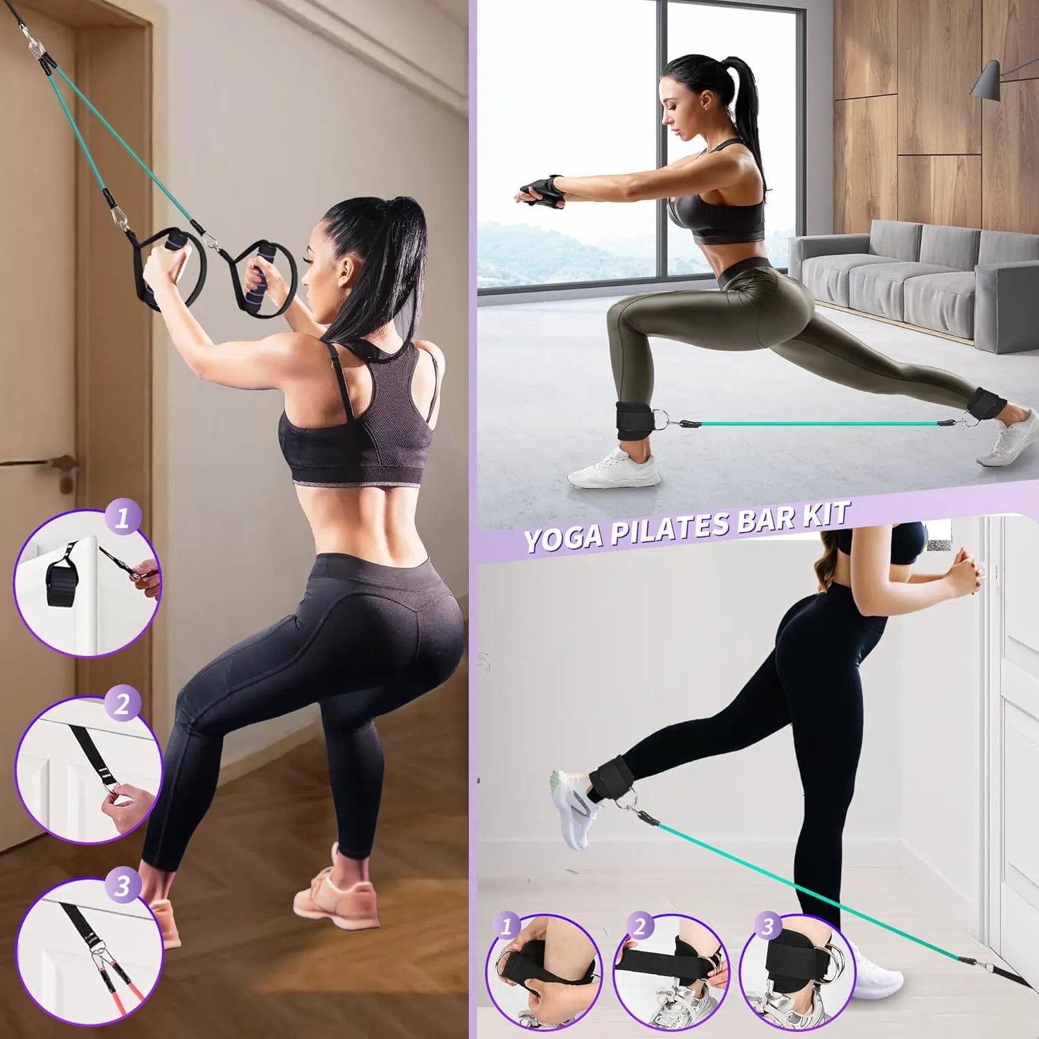 Portable Pilates Bar Kit with Resistance Bands for Men and Women - 3 Set Exercise Resistance Bands - Multifunctional Home Gym - Supports Full-Body Workouts  with Fitness Poster and Video