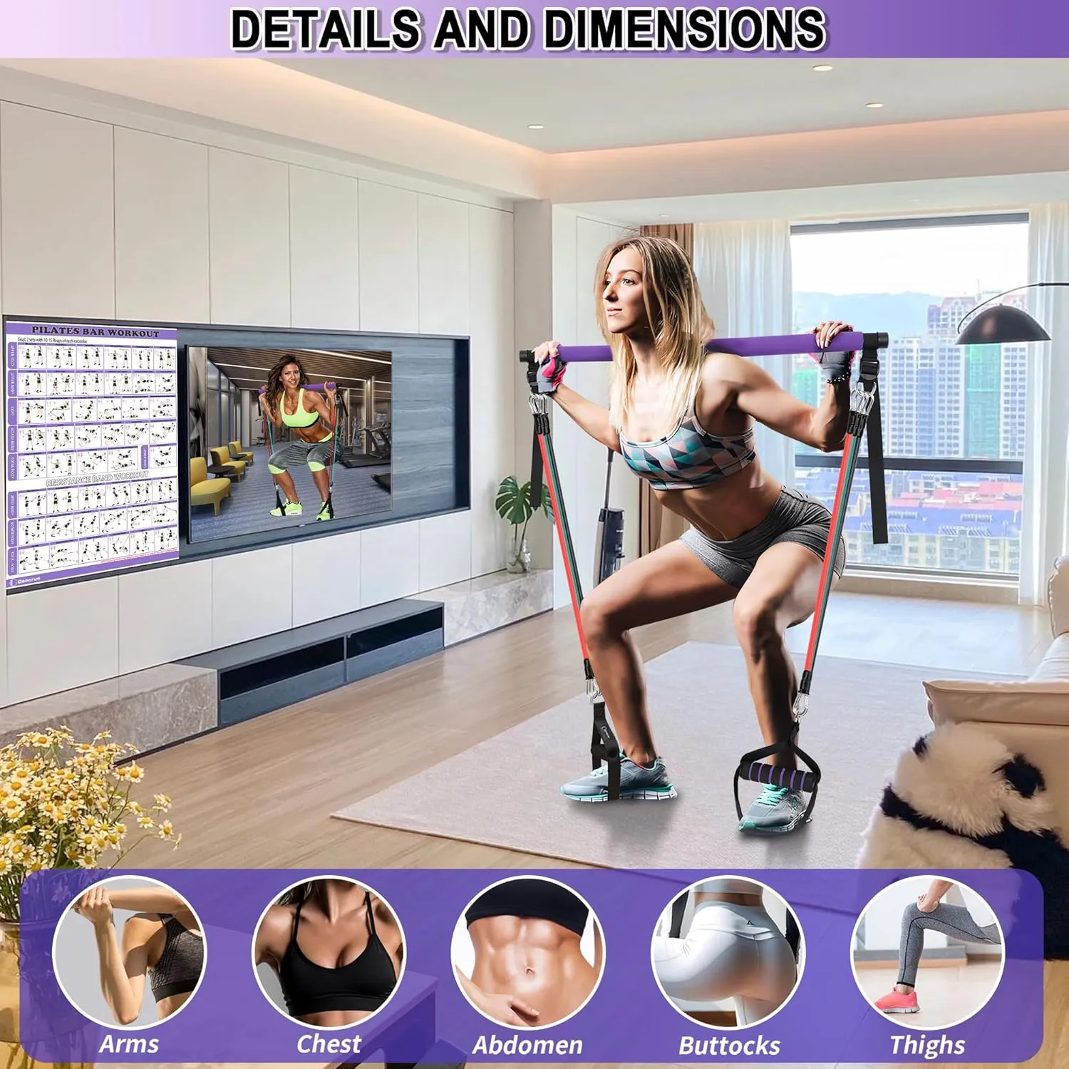 Portable Pilates Bar Kit with Resistance Bands for Men and Women - 3 Set Exercise Resistance Bands - Multifunctional Home Gym - Supports Full-Body Workouts  with Fitness Poster and Video