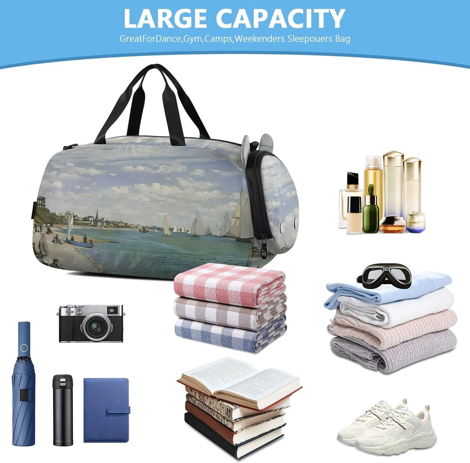 Regatta Painting Claude Monet Girls Tote Duffle Bags Travel Overnight Weekender Duffel Carry on Duffel for Boys Kids Gym Duffle