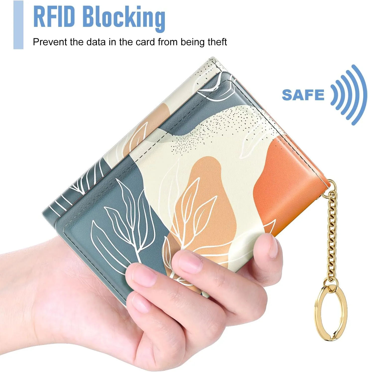 Rouidr Womens Wallet, Small Slim RFID Card Wallets for Women, Trifold Leather Card Wallet Organizer, Cute Front Pocket Wallets with 7 Card Slots & ID Window, Abstract Boho Leaves
