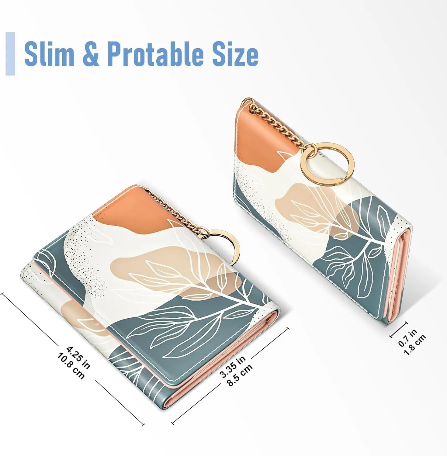 Rouidr Womens Wallet, Small Slim RFID Card Wallets for Women, Trifold Leather Card Wallet Organizer, Cute Front Pocket Wallets with 7 Card Slots & ID Window, Abstract Boho Leaves