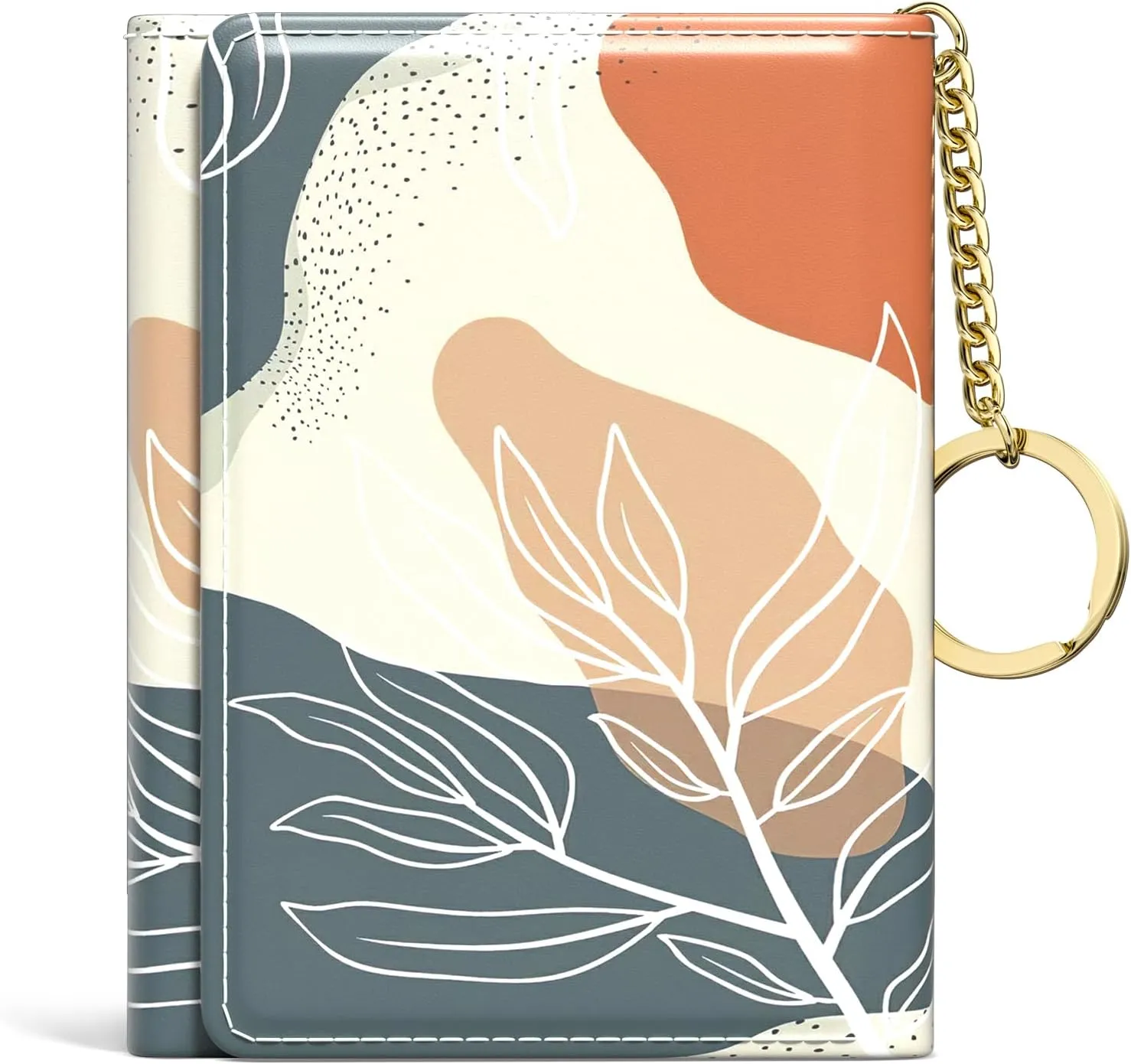 Rouidr Womens Wallet, Small Slim RFID Card Wallets for Women, Trifold Leather Card Wallet Organizer, Cute Front Pocket Wallets with 7 Card Slots & ID Window, Abstract Boho Leaves