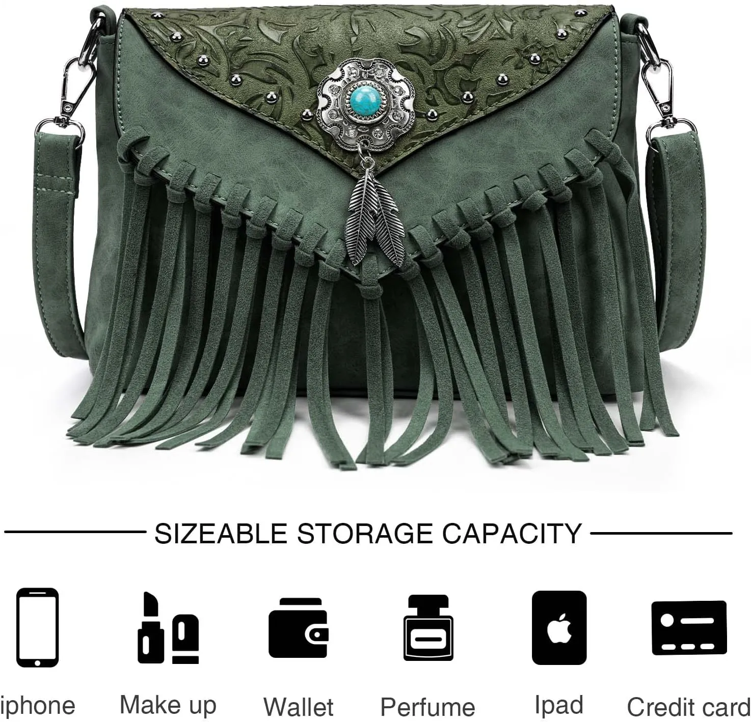 Small Crossbody Bags for Women Crossbody Handbag Fringe Purse Tassel Shoulder Bag Turquoise Concho Wallet