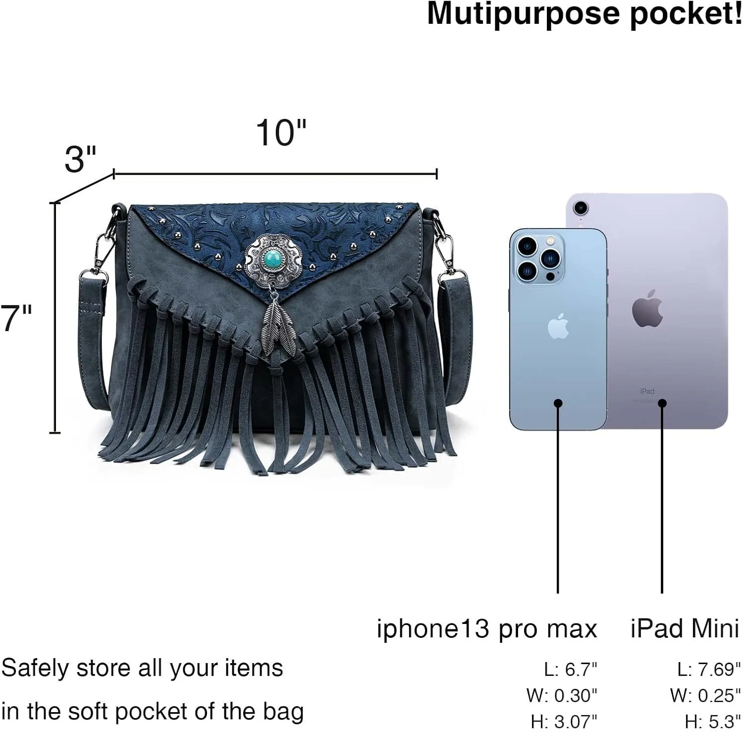 Small Crossbody Bags for Women Crossbody Handbag Fringe Purse Tassel Shoulder Bag Turquoise Concho Wallet