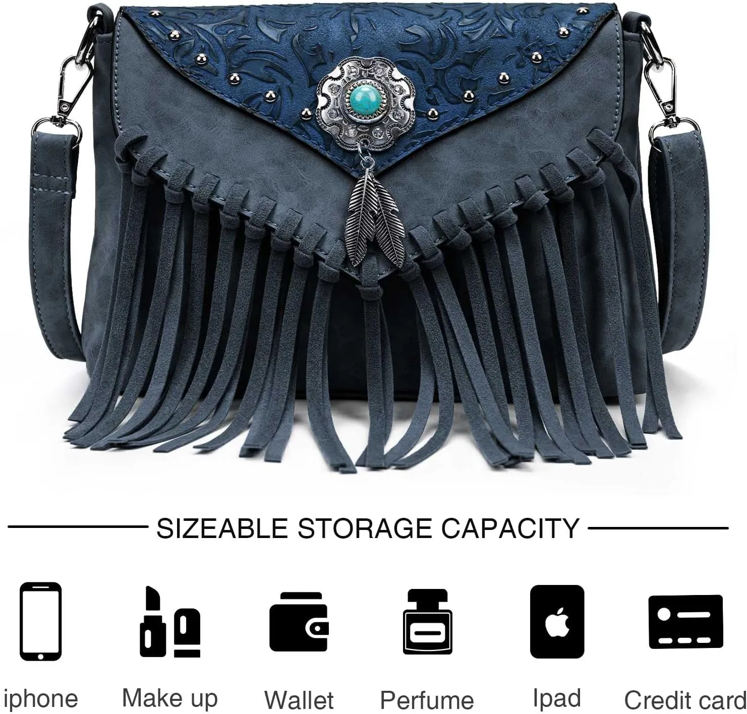 Small Crossbody Bags for Women Crossbody Handbag Fringe Purse Tassel Shoulder Bag Turquoise Concho Wallet