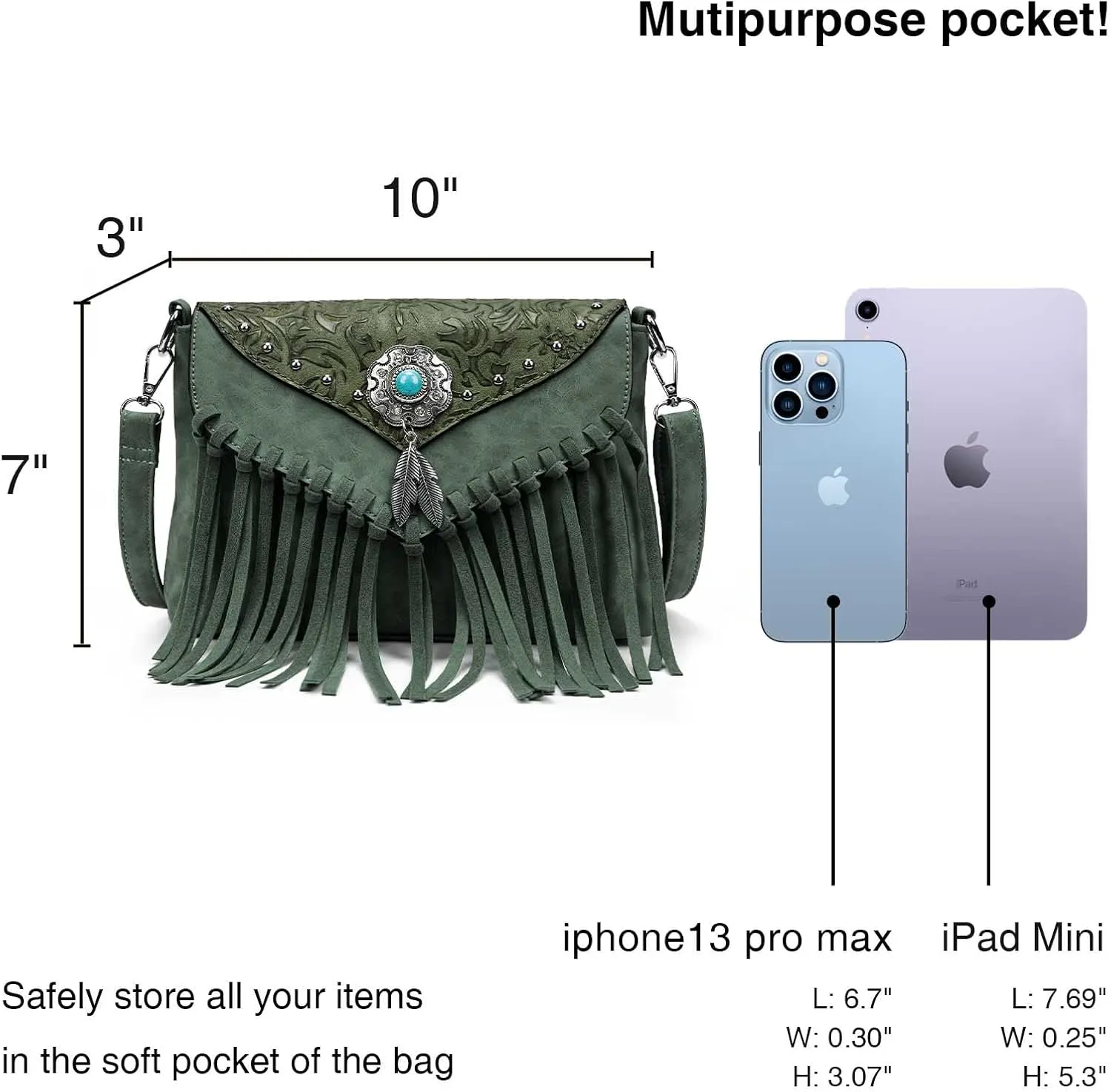 Small Crossbody Bags for Women Crossbody Handbag Fringe Purse Tassel Shoulder Bag Turquoise Concho Wallet