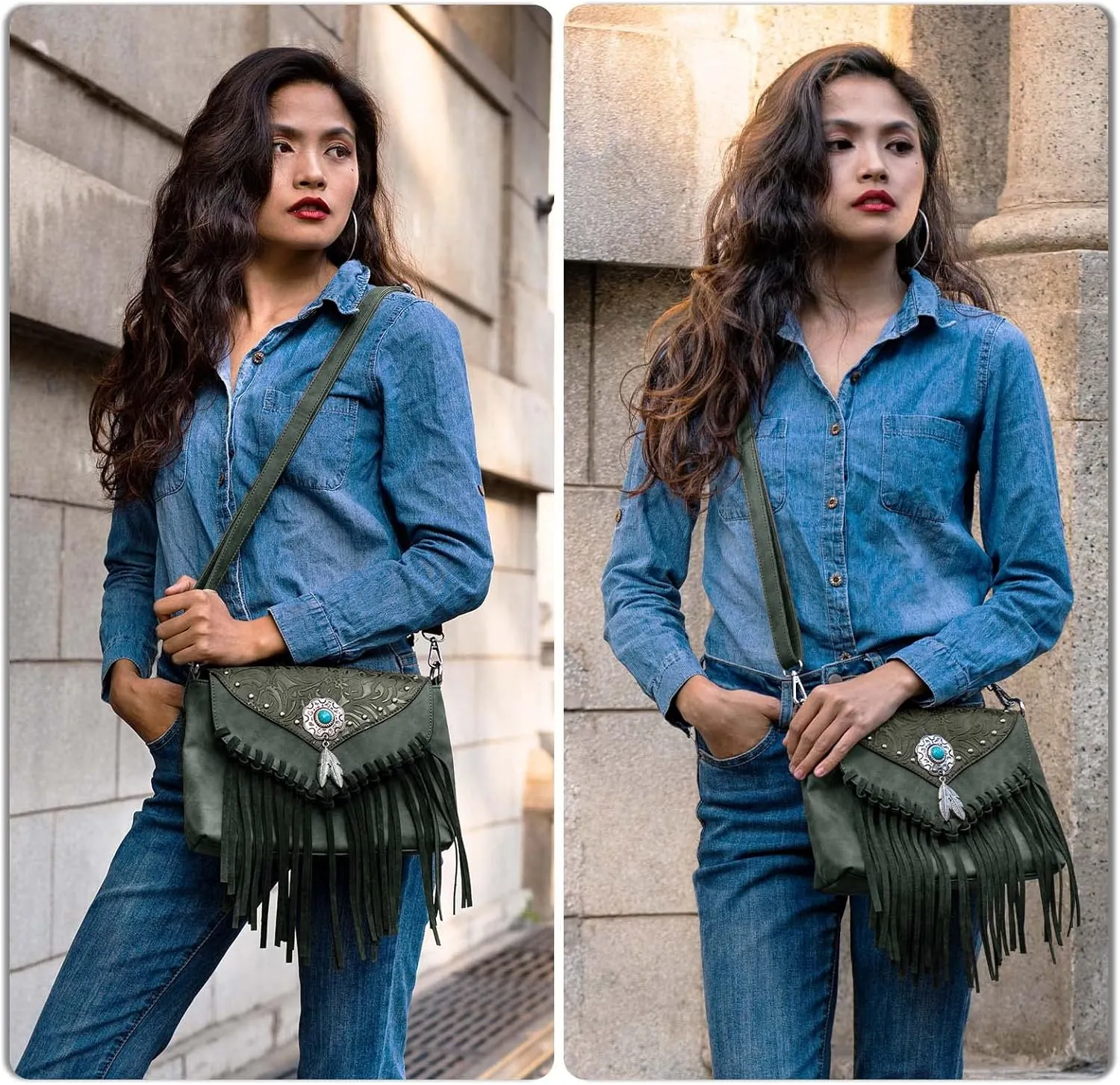 Small Crossbody Bags for Women Crossbody Handbag Fringe Purse Tassel Shoulder Bag Turquoise Concho Wallet