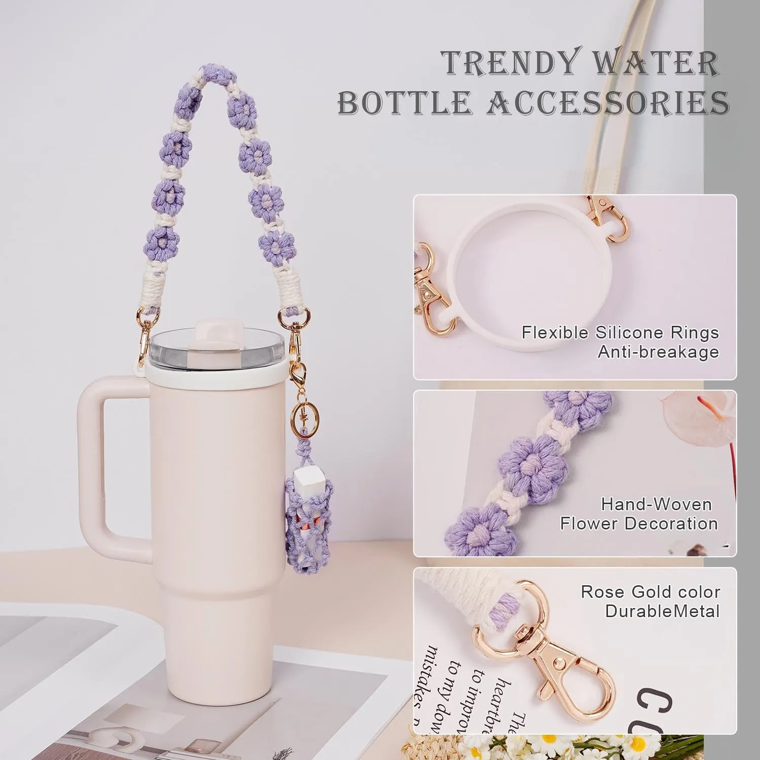 Stanley Cup Accessories Set, Decor for 14oz 20oz 30oz 40oz Water Bottle, Includes Tumbler Handle Strap, Cup Boot, Lipstick Charms Bag, Gifts for Girls & Kids
