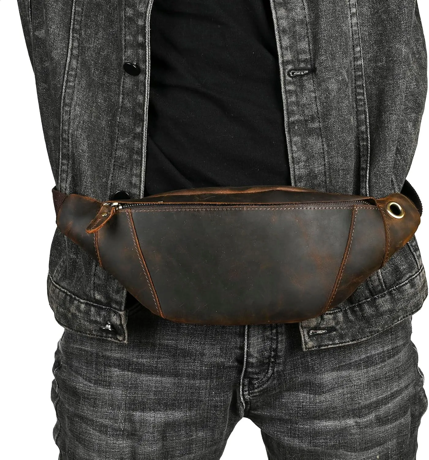 Thick Crazy Horse Leather Hiking Riding Travel Outdoor Belt Bag Fanny Waist Pack Small Phone Pouch For Men Women 380 (385 Brown)