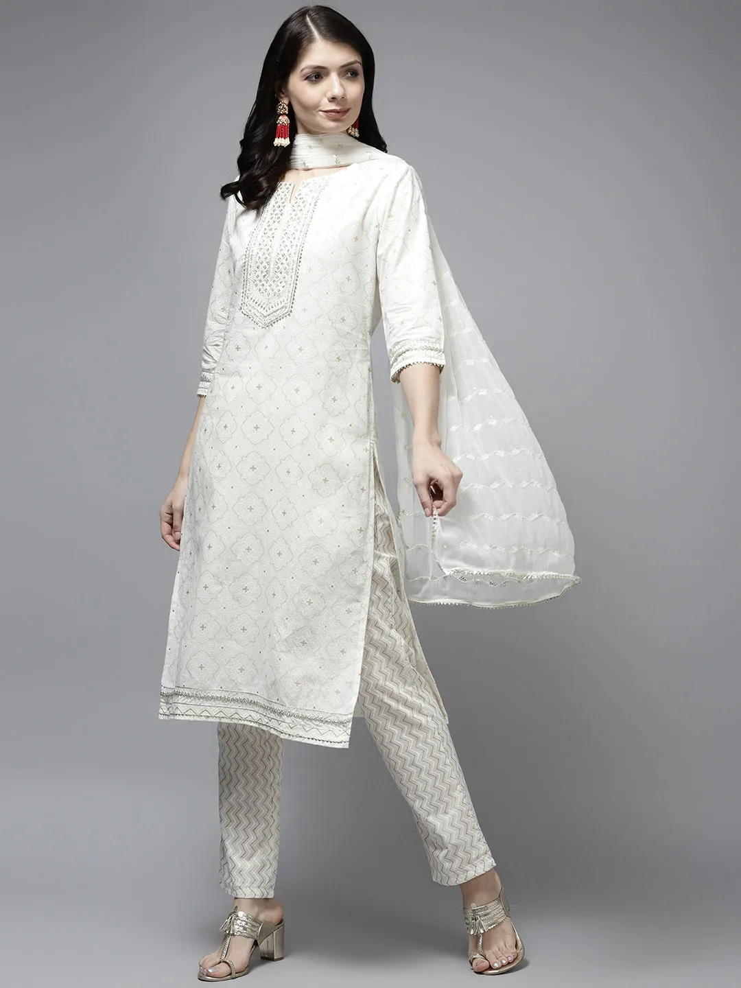 White Ethnic Motifs Cotton Dupatta Set