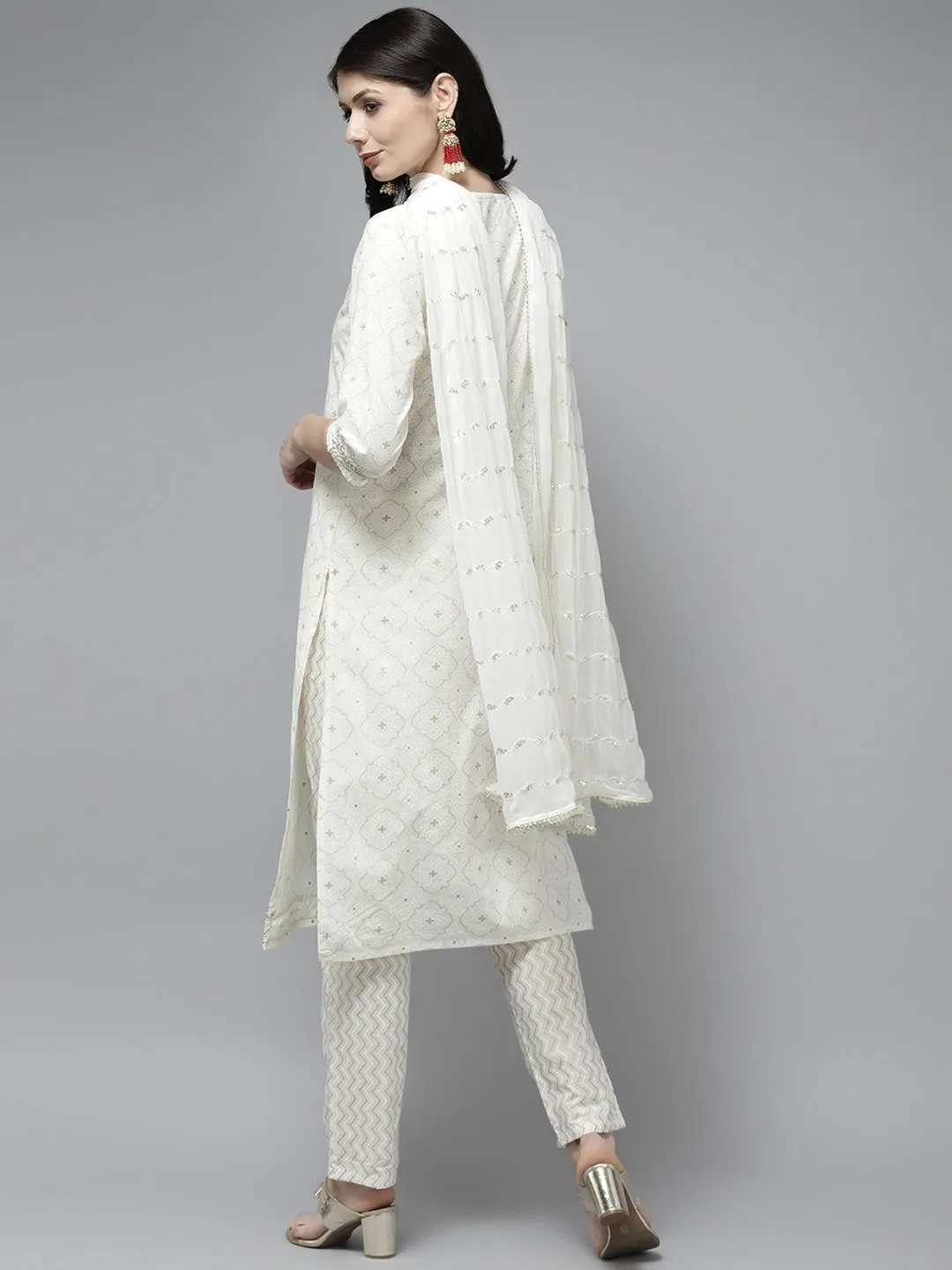 White Ethnic Motifs Cotton Dupatta Set