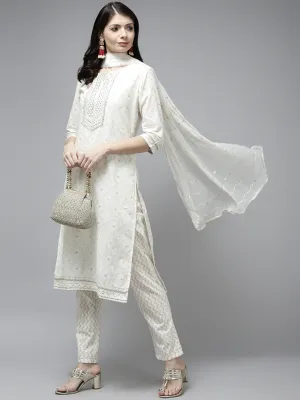 White Ethnic Motifs Cotton Dupatta Set