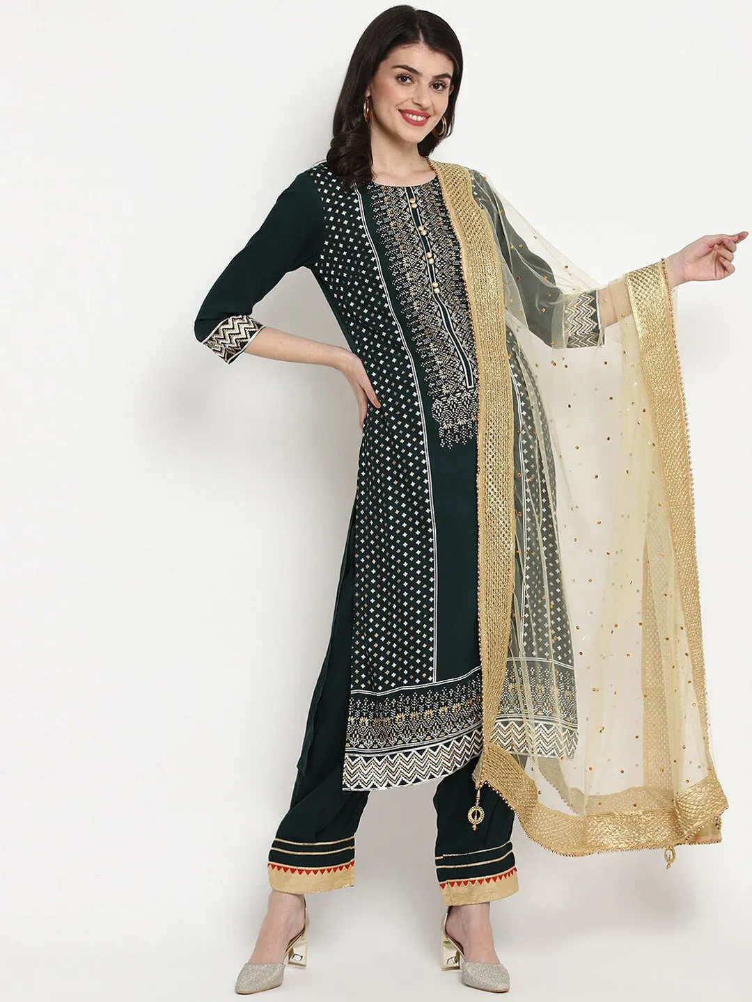 Women Peach-Coloured Ethnic Motifs Embroidered Layered Pure Cotton Kurta With Sharara & With