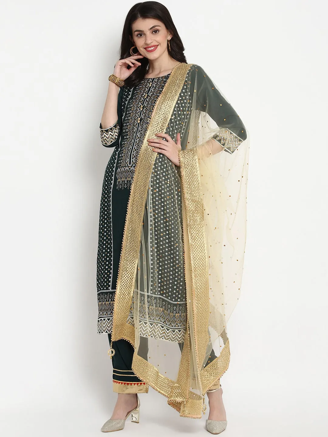 Women Peach-Coloured Ethnic Motifs Embroidered Layered Pure Cotton Kurta With Sharara & With