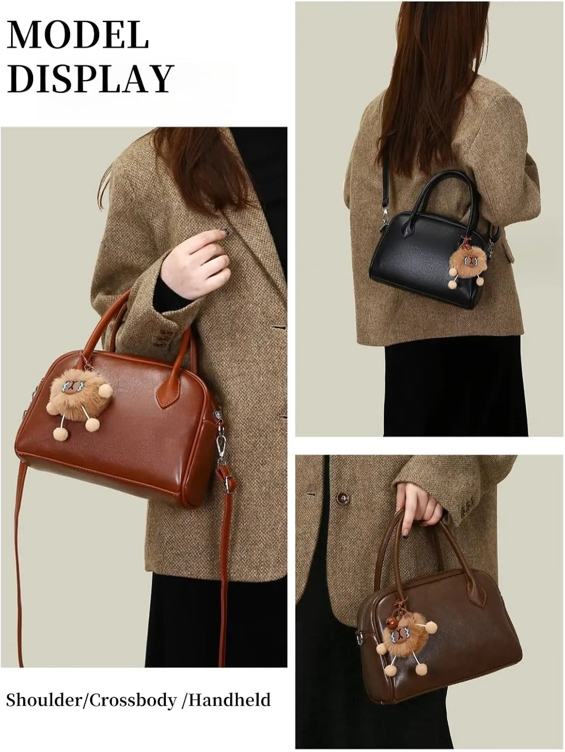 Women's PU Leather Top-Handle Boston Bag Set  3-Piece Crossbody Purse with Card Holder,Barrel satchel Shoulder Bag