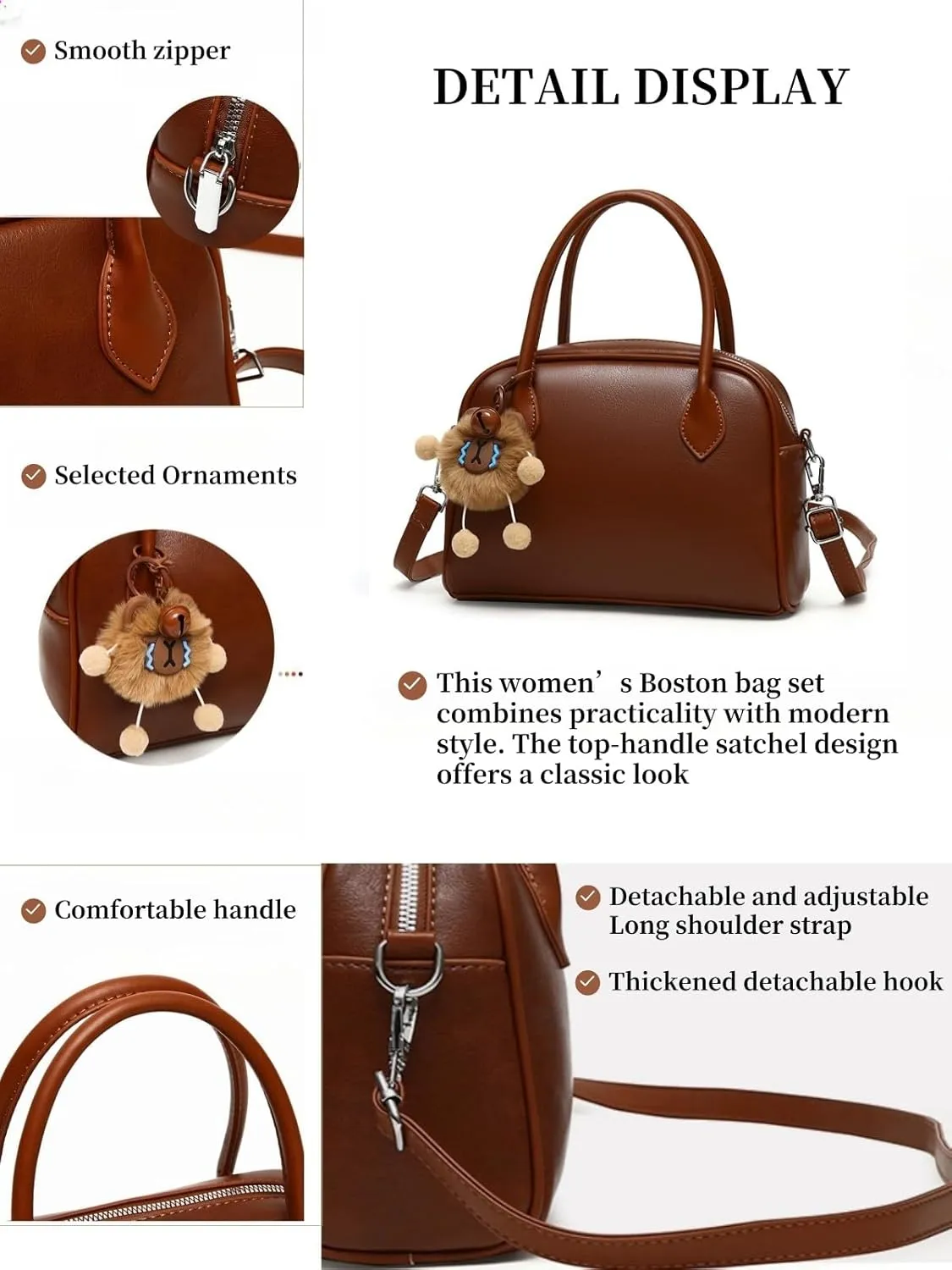 Women's PU Leather Top-Handle Boston Bag Set  3-Piece Crossbody Purse with Card Holder,Barrel satchel Shoulder Bag